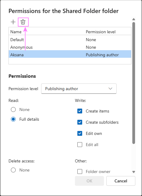 Delete sharing permissions in the new Outlook.