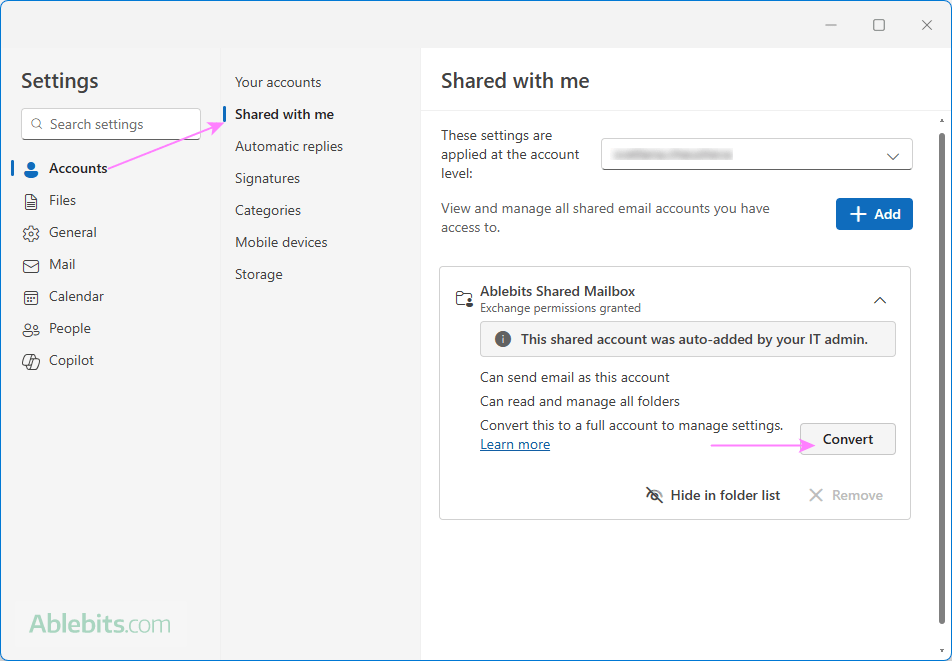 Add a shared mailbox as an account in the new Outlook.