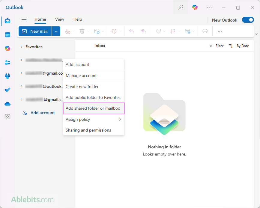 Add a shared mailbox to the new Outlook.