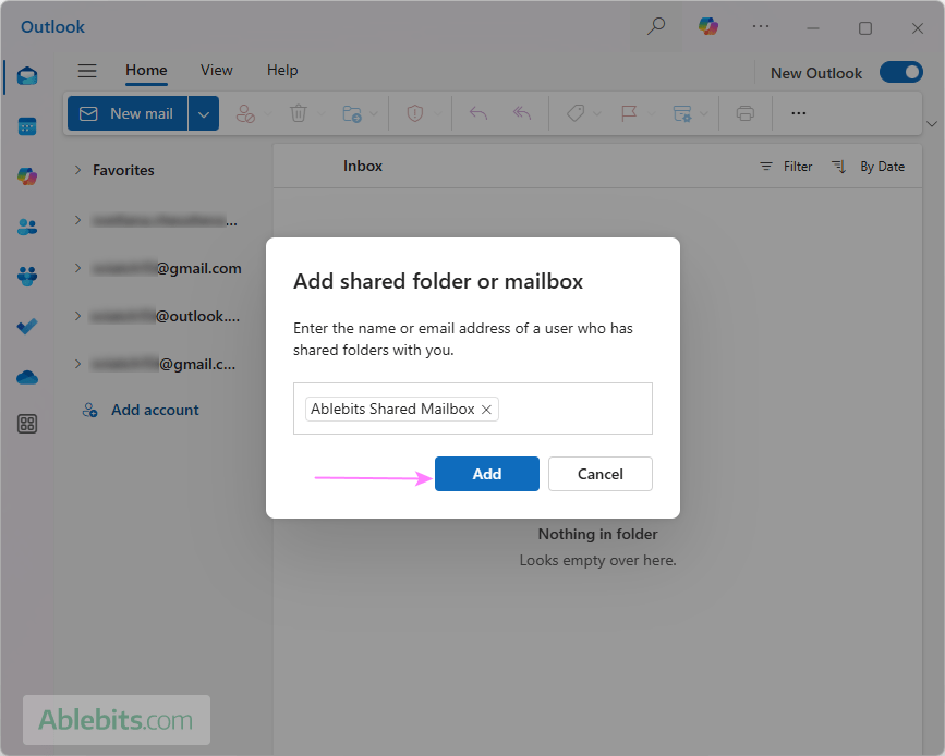 Complete the process of adding the shared mailbox to the new Outlook.