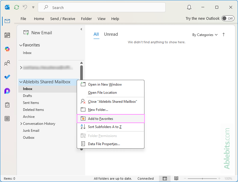 Favorite a shared mailbox in classic desktop Outlook.