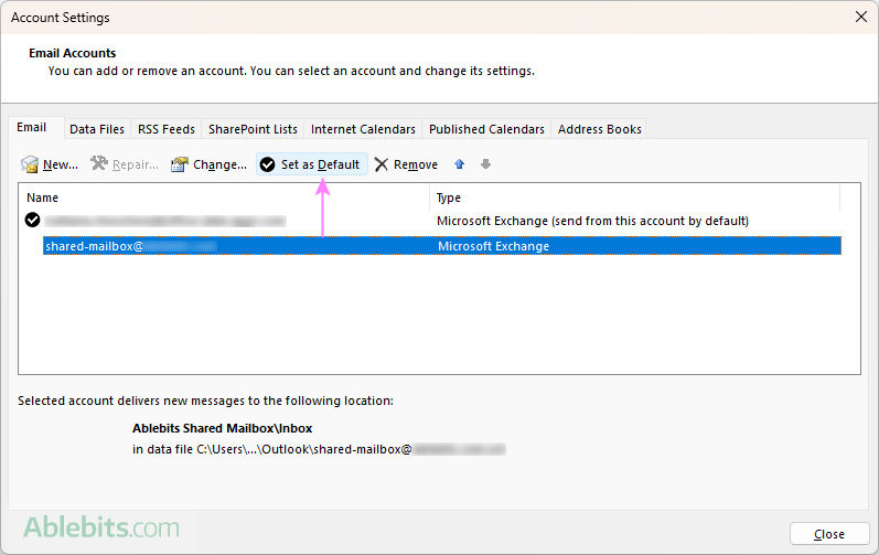 Set the shared mailbox as the default account in Outlook.