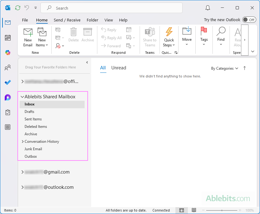 The shared mailbox is added to Outlook 365.