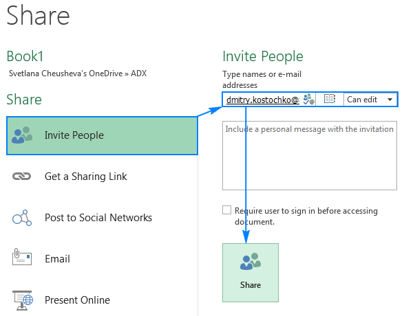 Save an Excel file to OneDrive and invite people to collaborate on it.