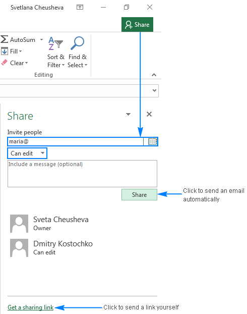 how to make an excel file shared in office 365