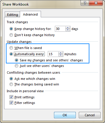 Select the desired settings for tracking changes.