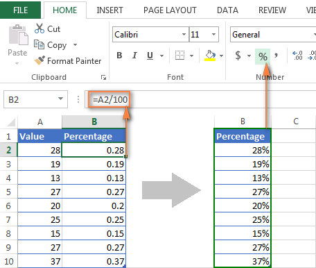 Formatting existing values as percentage in Excel