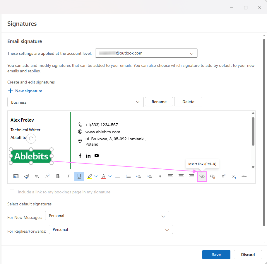 Add a hyperlink to a signature image in the new Outlook.