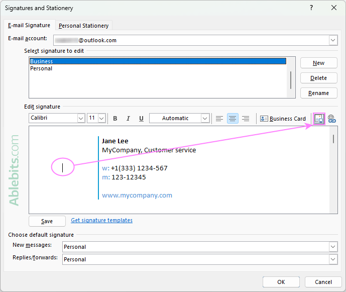 Add an image to an Outlook email signature.