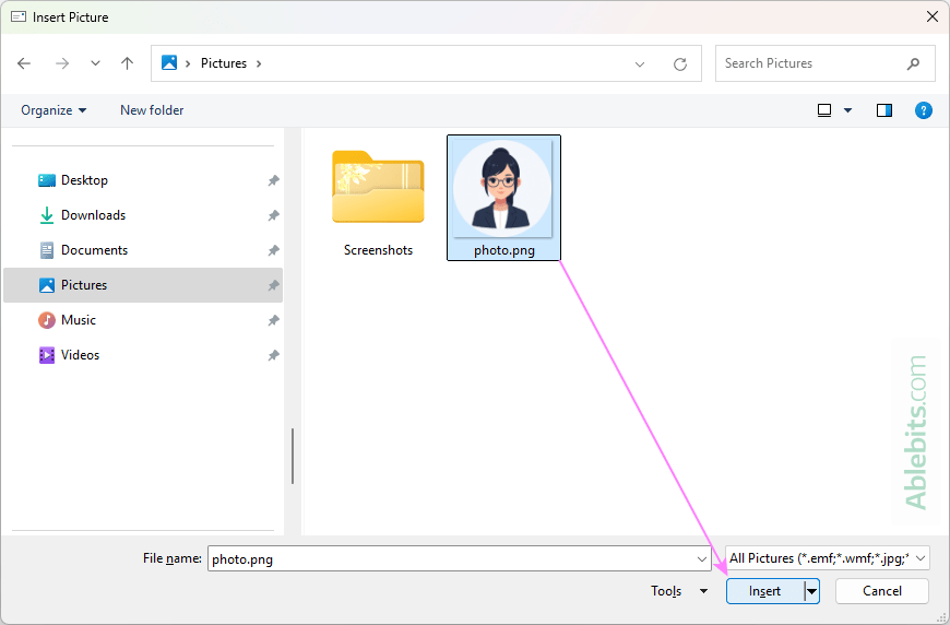 Choose the photo or other picture to include in the Outlook signature.