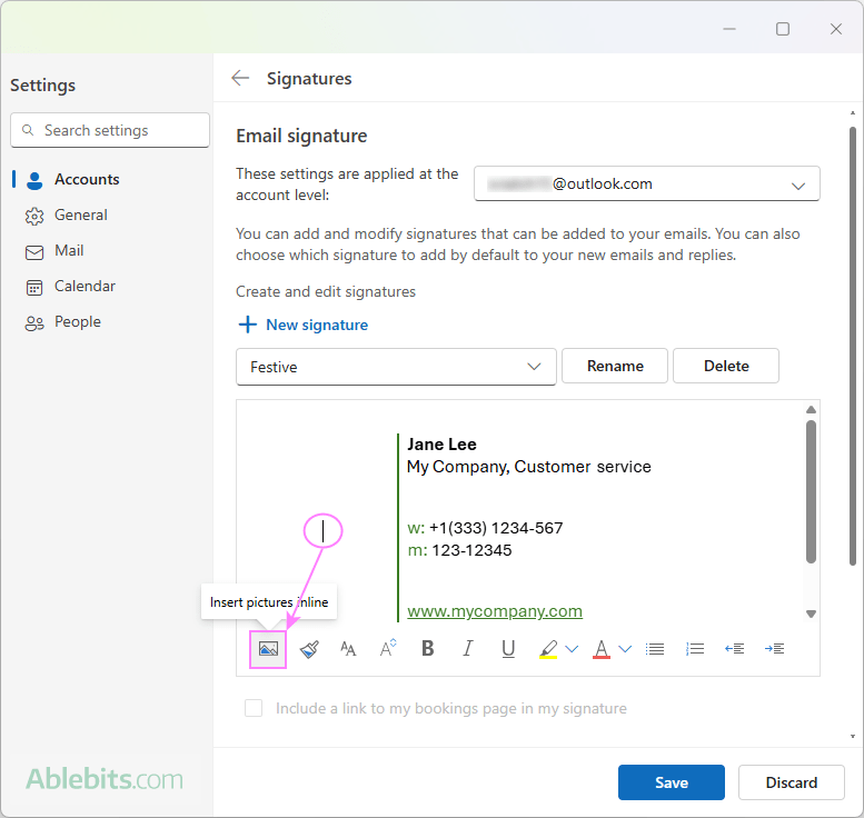 Insert a picture into email signature in the new Outlook.