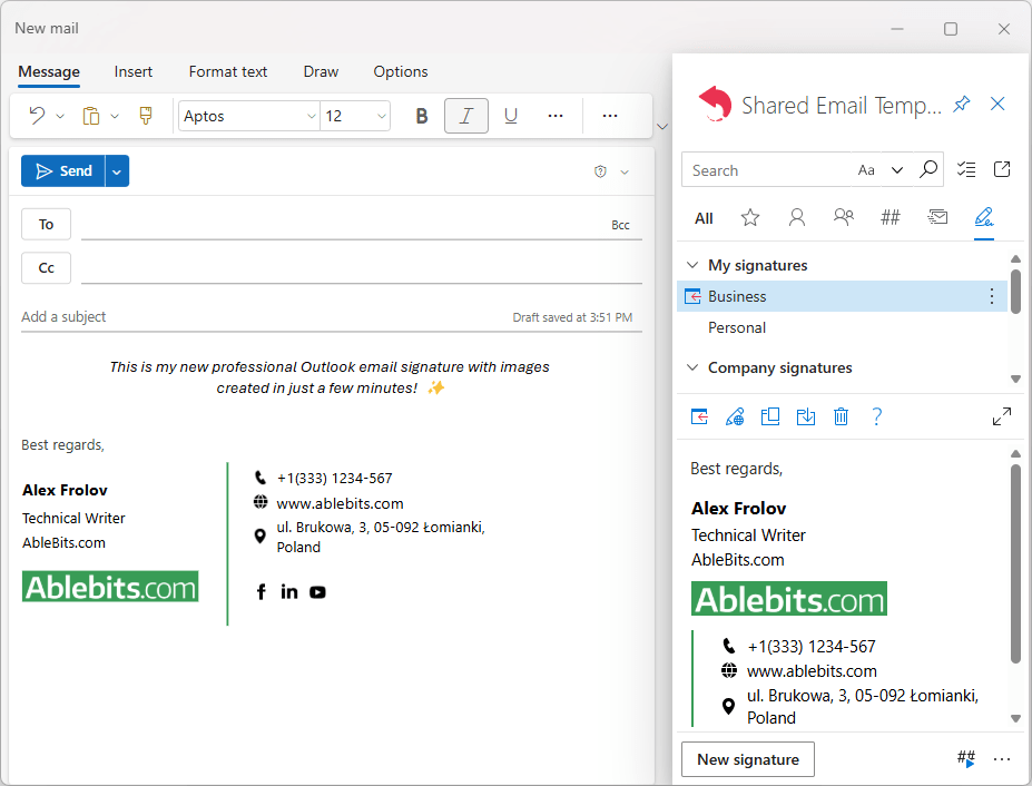 Insert a signature with images into an Outlook email.