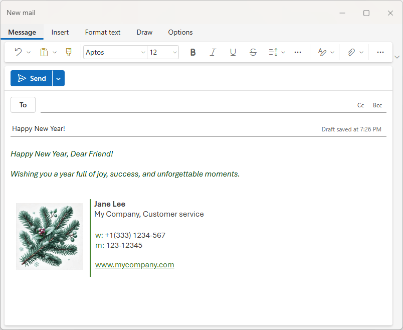 A Christmas email signature with an image in the new Outlook