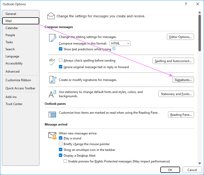 Open the Outlook signature settings.