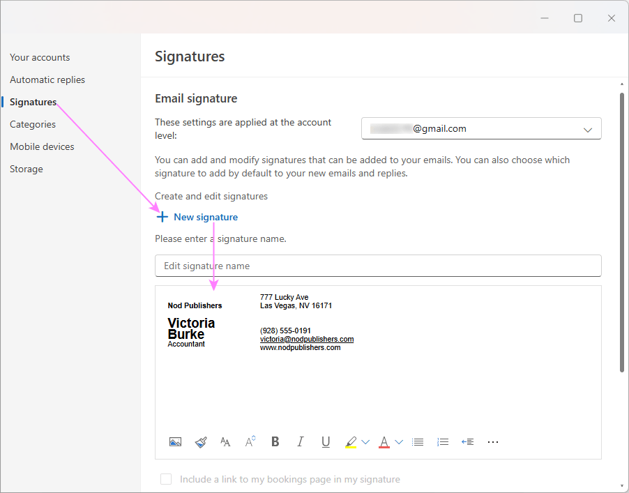 Paste the copied signature to Outlook.