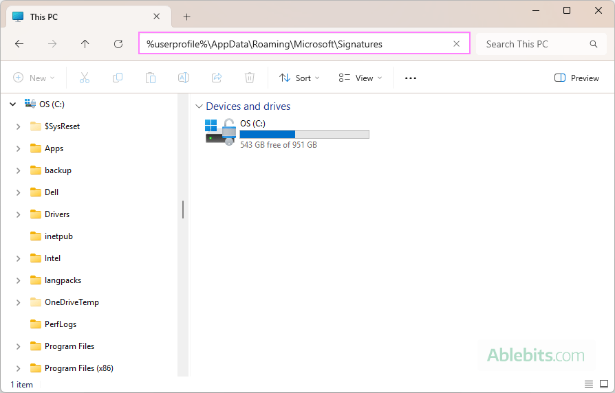 Open the Outlook signatures folder.