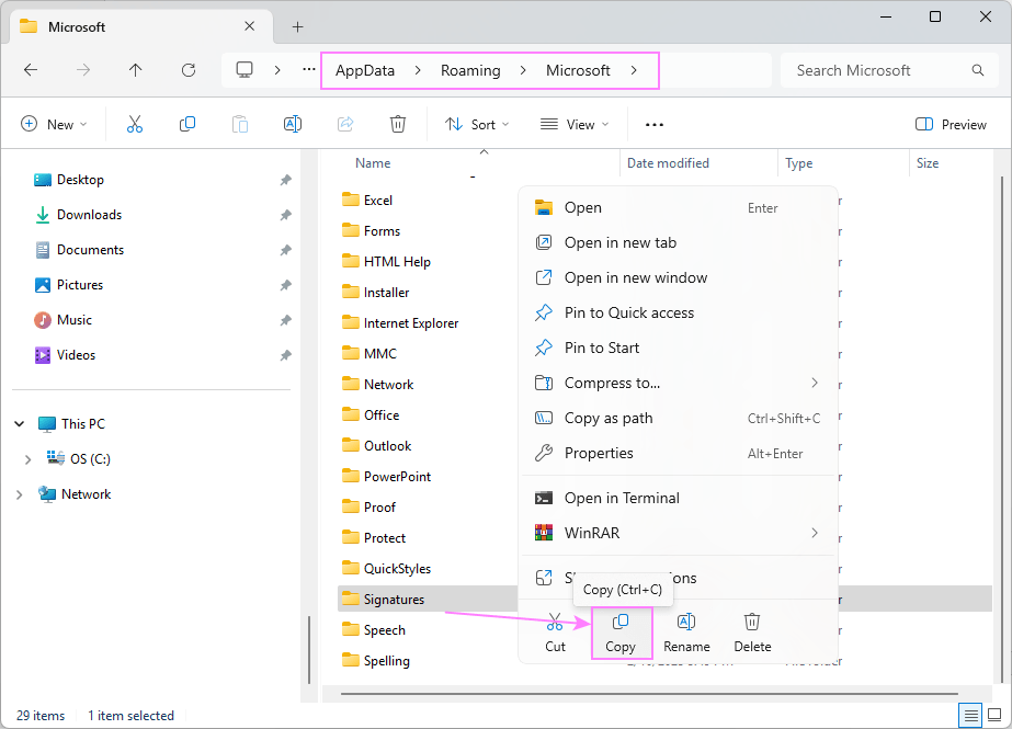 Backup the Outlook signatures folder.