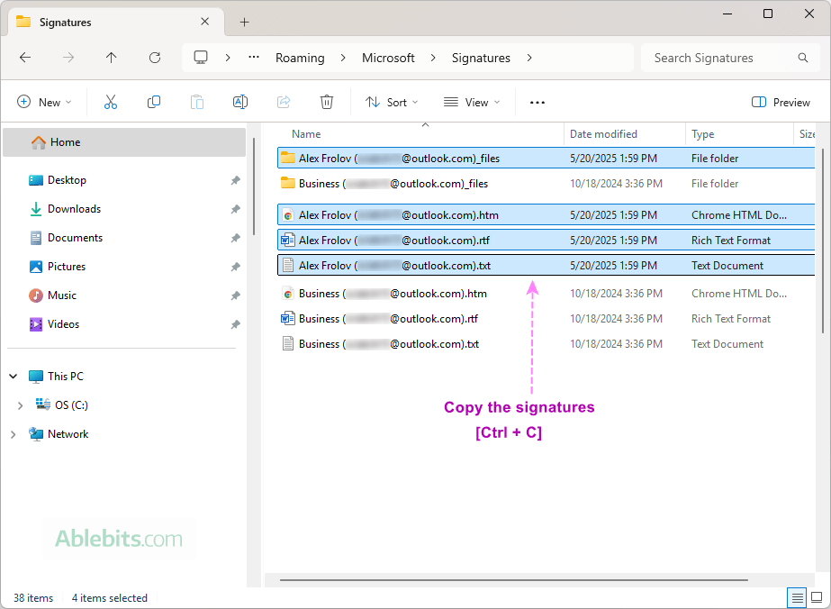 Copy the signature files to export.
