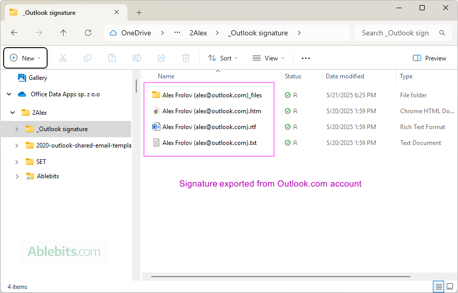 Signatures exported from Outlook.