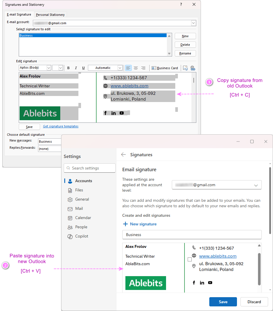 Move signatures from classic app to the new Outlook