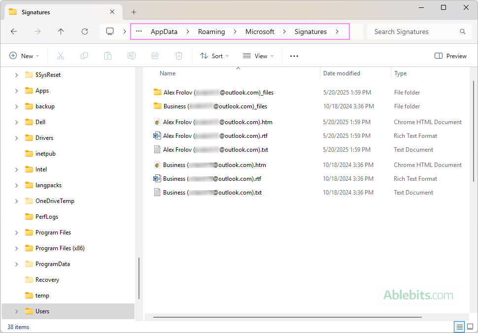 Signature location in Outlook for Windows.