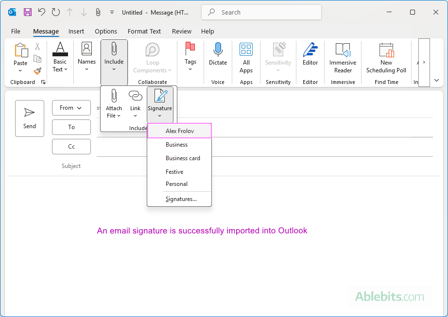 An email signature is successfully imported into Outlook.