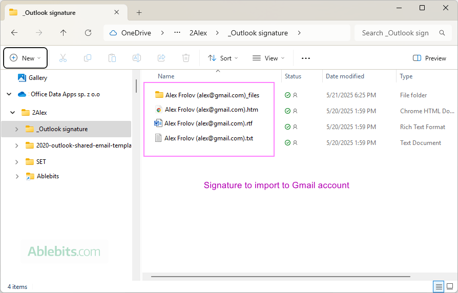 Rename signature files to import to a Gmail account.