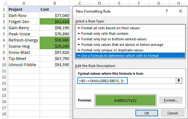 Đánh dấu các giá trị dưới cùng trong Excel