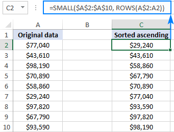 SMALL formula to sort numbers ascending