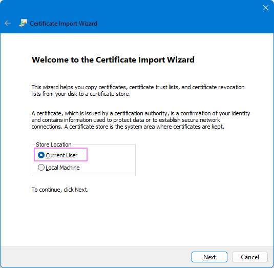 Choose to store the email certificate for the current user.