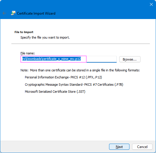 Select the .pfx or .p12 file to import.