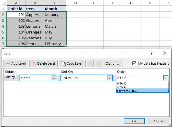Using custom sort in Excel