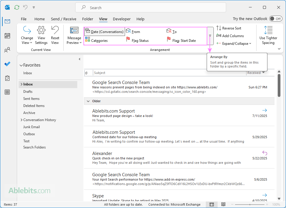 Sort emails in classic Outlook using the preset arrangements on the View tab. Sort emails in classic Outlook using the preset arrangements on the View tab.
