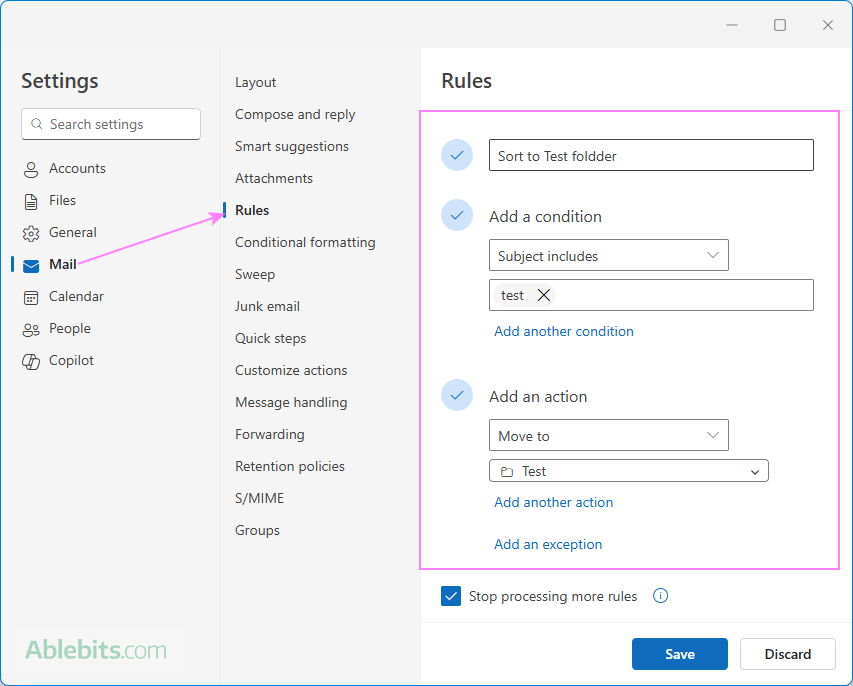 Auto sort messages into folders in the new Outlook.