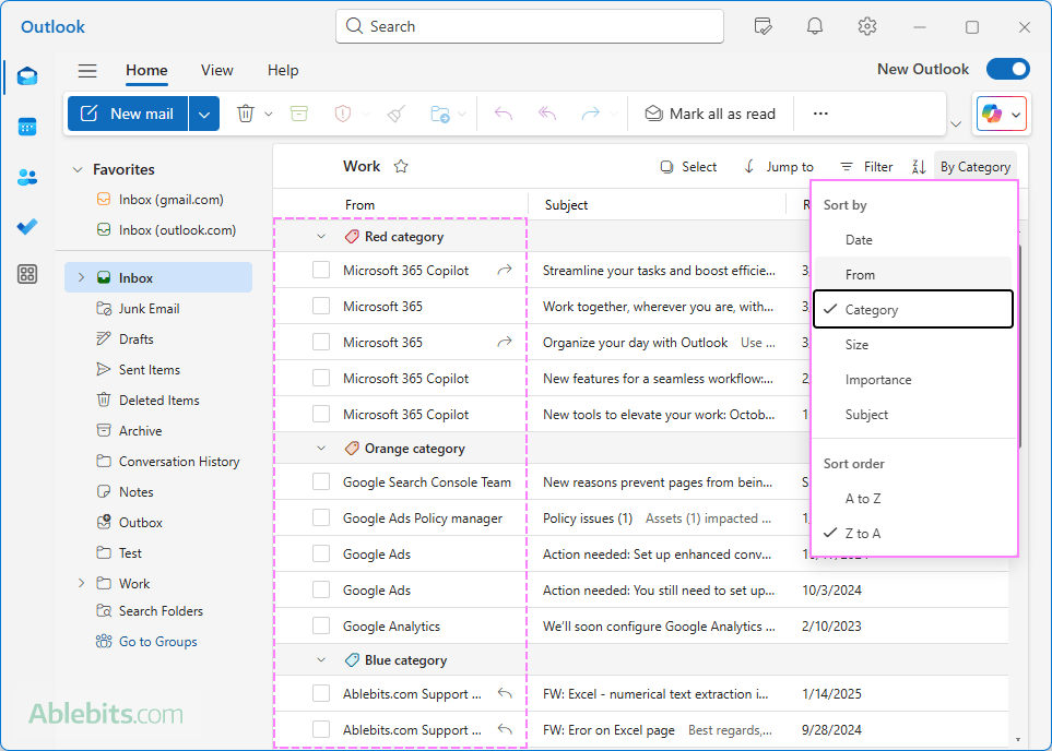 Sort Outlook emails by color category. Sort Outlook emails by color category.