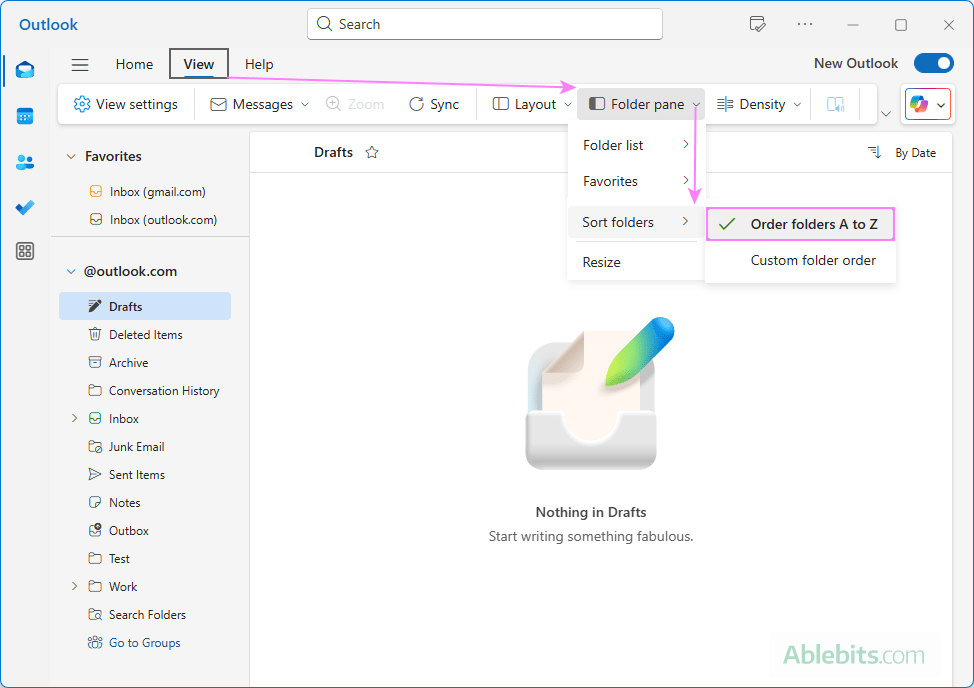 Sort folders alphabetically in the new Outlook.