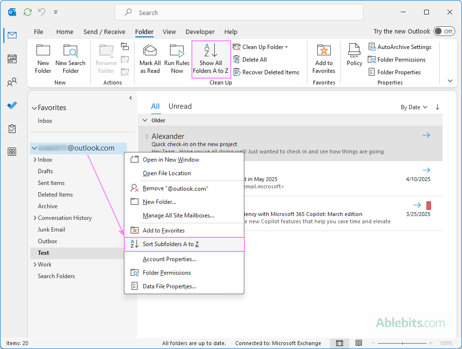 Sort folders alphabetically in classic Outlook Sort folders alphabetically in classic Outlook