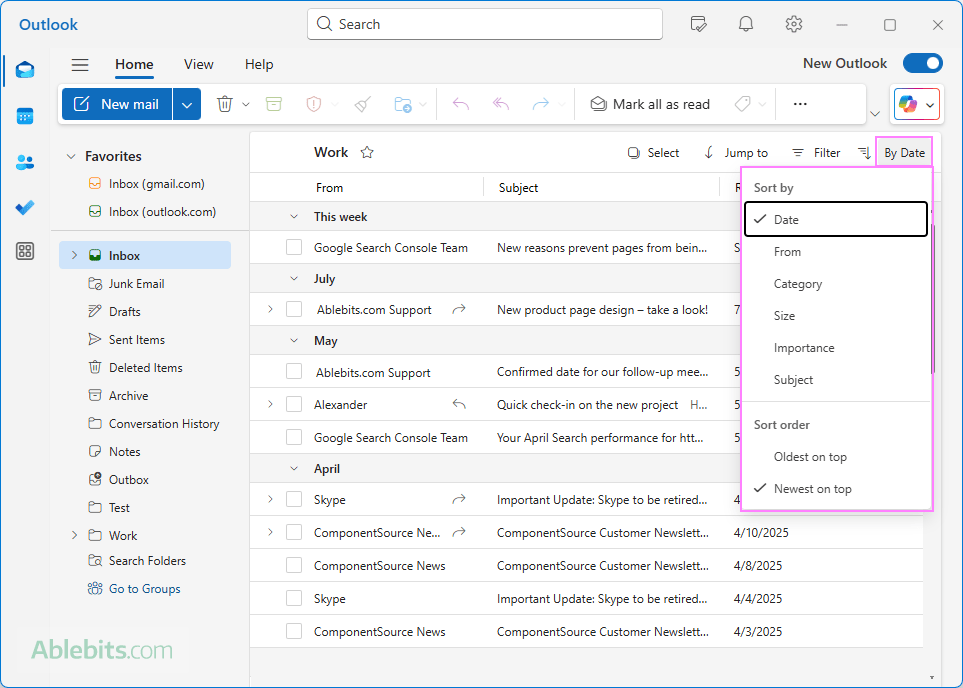 Rearrange Outlook mail list using the Sort menu. Rearrange Outlook mail list using the Sort menu.