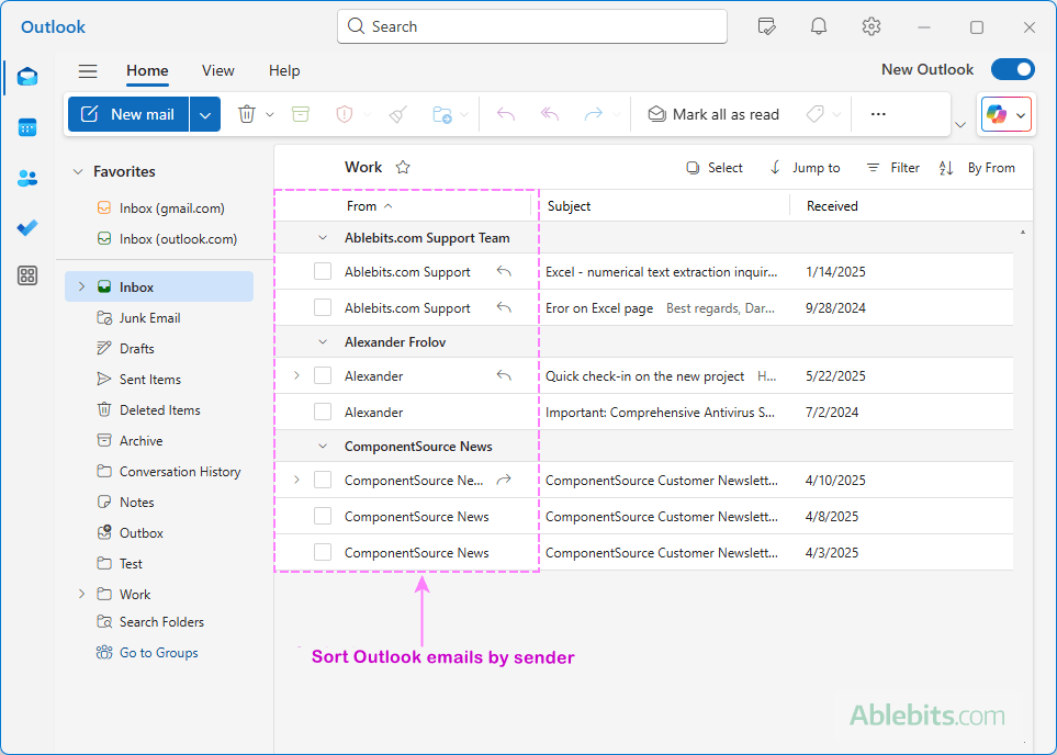 Sort Outlook emails by sender or any other field.