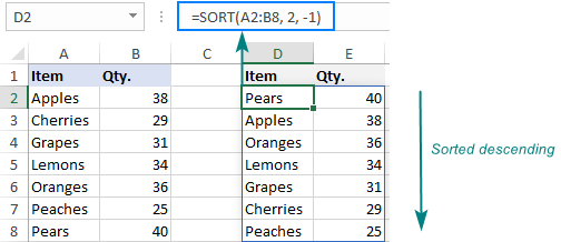 Excel SORT function - auto sort data using formula