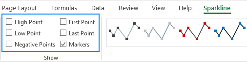 Show markers and highlight specific data points in Excel sparklines