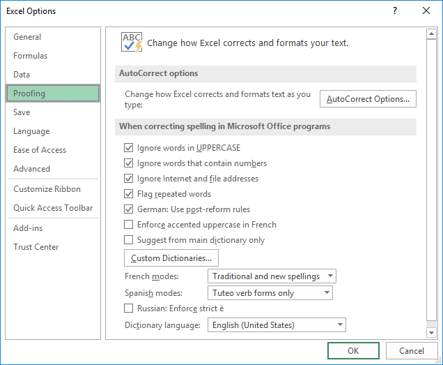 Change the Excel spell check settings.