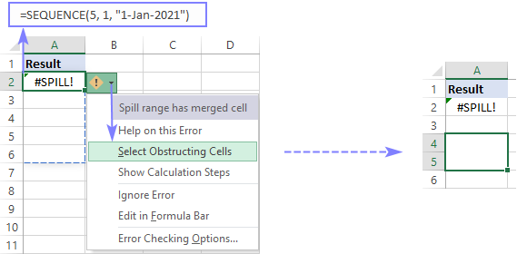 A SPILL error is caused by merged cells.