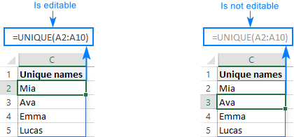 Only the top-left cell in a spill range can be edited.