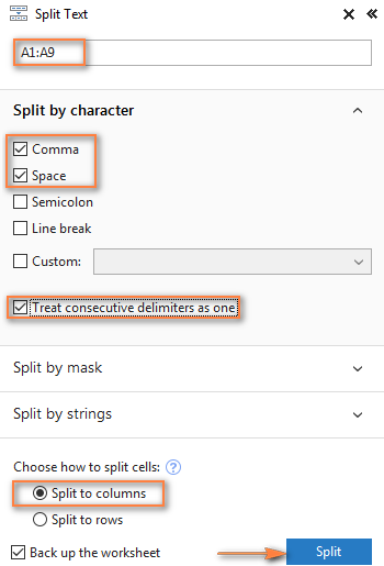 Splitting cells by comma and space as the delimiters