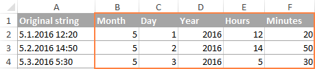 Day, month, year, hours and minutes appear in separate cells