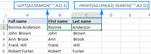 Formulas to split first and last name in Excel