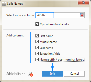 Select the name parts into which you want to split a full name.