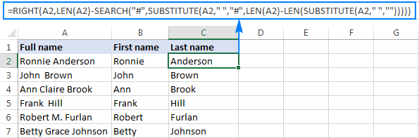 Formula to extract a surname when some of the original names include a middle name