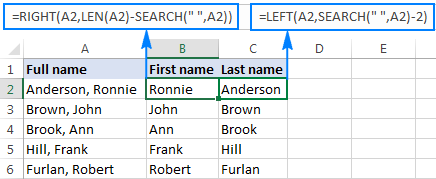 Split names in Excel: separate first and last name into different